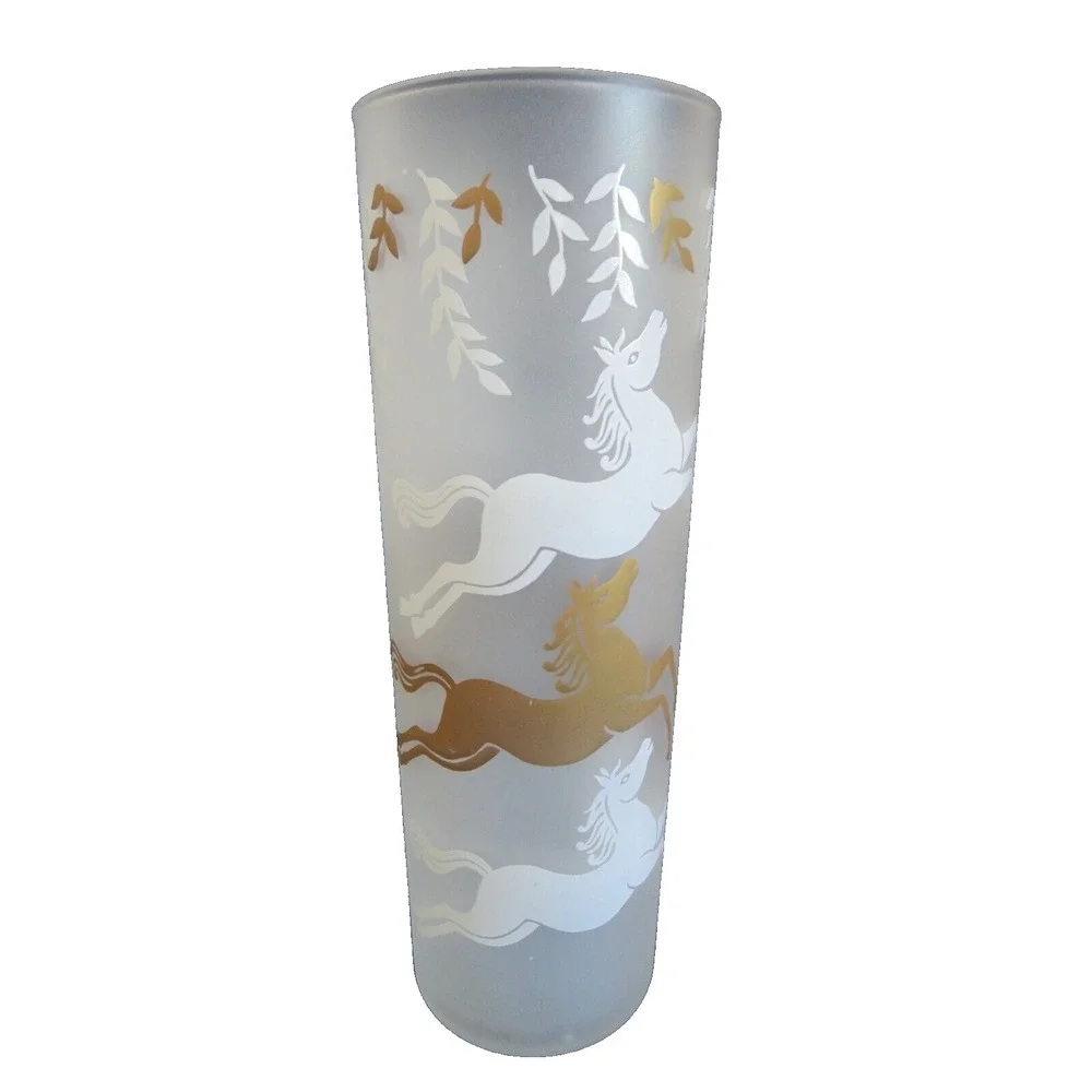 Vintage Libbey Cavalcade Frosted Glass w/ White & Gold Horses 2.5